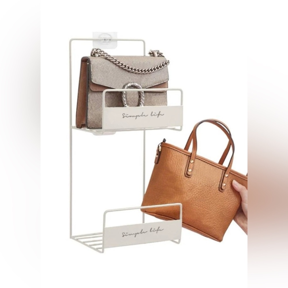 2 Tier Metal Hanging Purse Organizer Rack Closet Door Handbag Holder Cream